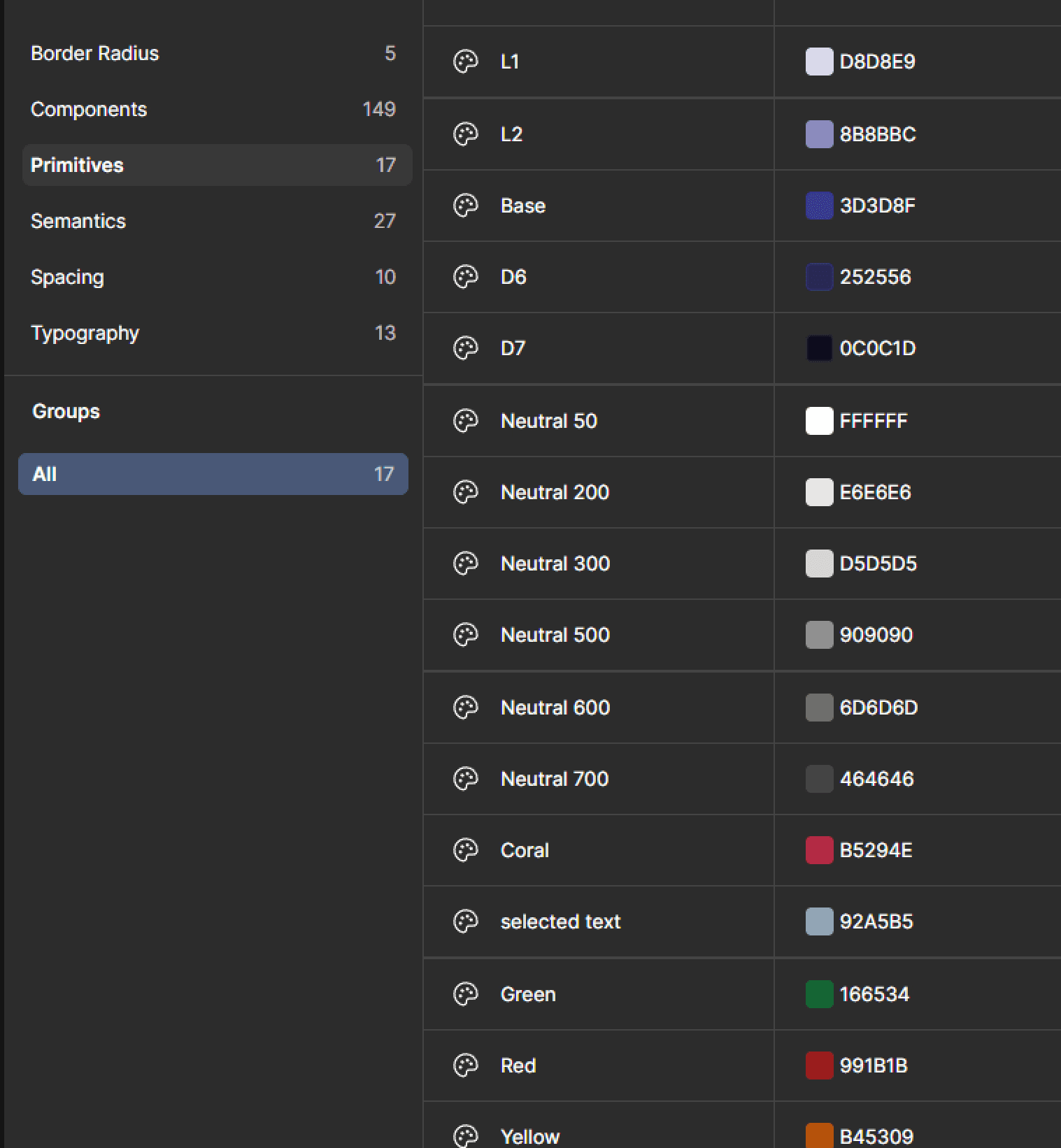 Primitive token layer in Figma: 17 base values for color and neutrals