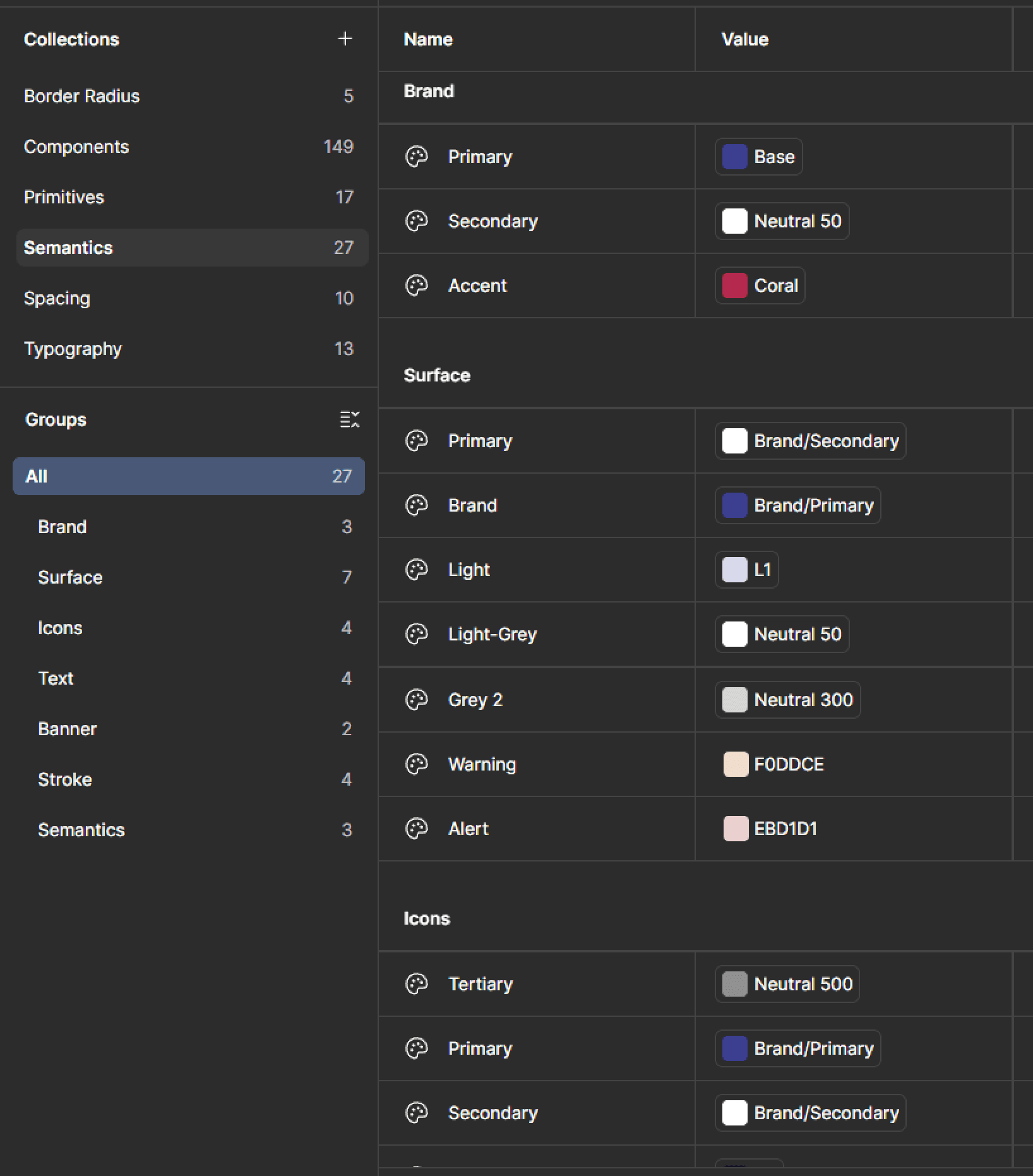 Semantic token layer: Brand, Surface, and Icon roles mapped to primitives