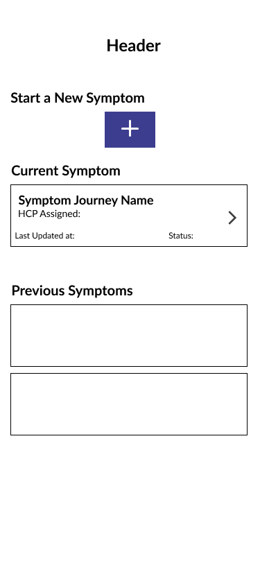 Wireframe 1: symptom log entry point with current and previous symptoms
